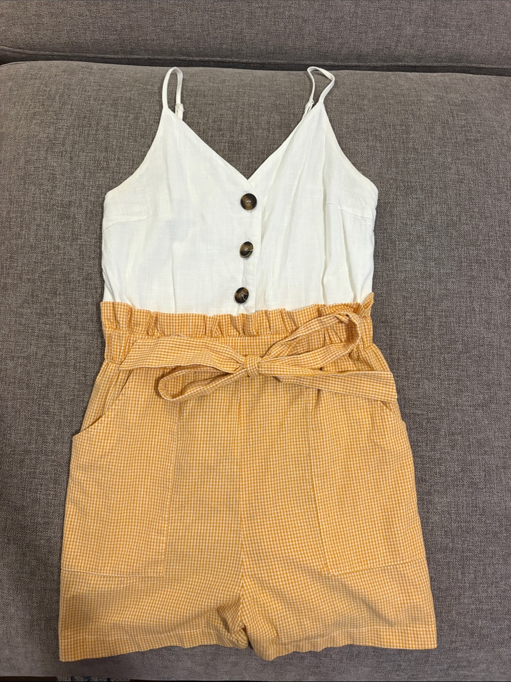 Sleeveless White & Yellow Gingham Tie-Waist Romper